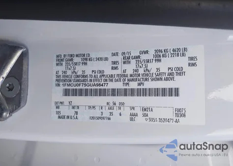 2016 Ford Escape S from USA, damaged, VIN 1FMCU0F75GUA98477